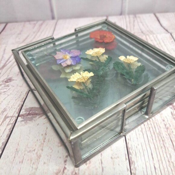 Set Of 4 Vintage Pressed Flower Glass Coasters With Metal Holder By Burnes Of Bo - Picture 5 of 6